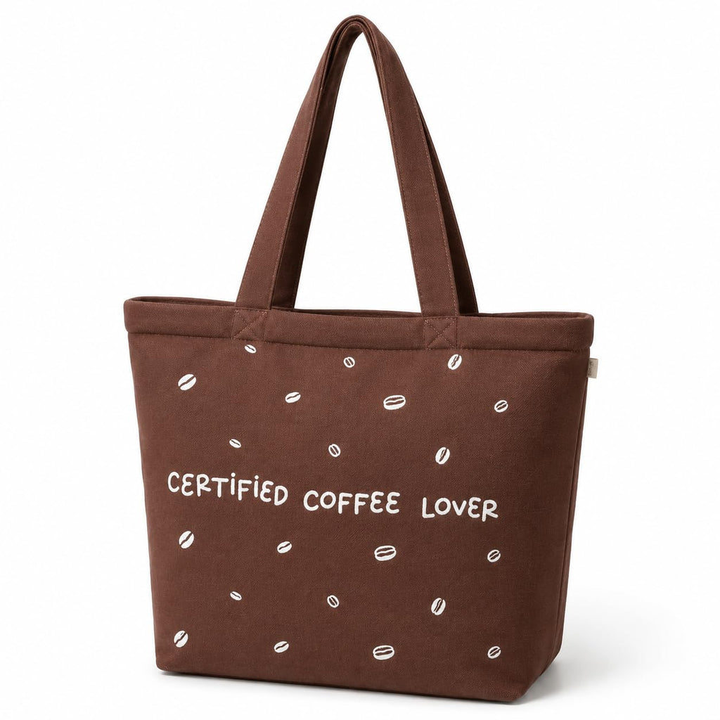 MASQ Premium ToteBag for Women with Zipper | Embroidered Foldable Shoulder Bag with Multiple Pockets | Spacious Handbag for College & Office | Eco-Friendly & Reusable (AP_TB_Coffee_Lover_01)