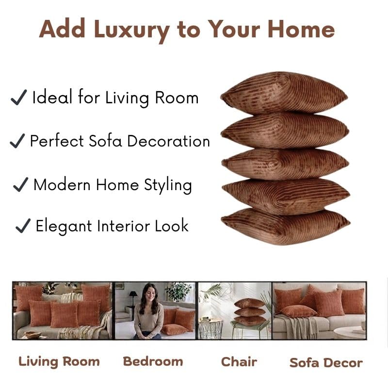 RD TREND® Cushion Cover Set of 5, Decorative Sofa Living Room Home Square Cushion Covers 24 Inch x 24 Inch, Aesthetic Corduroy Striped Double Sided -Coffee