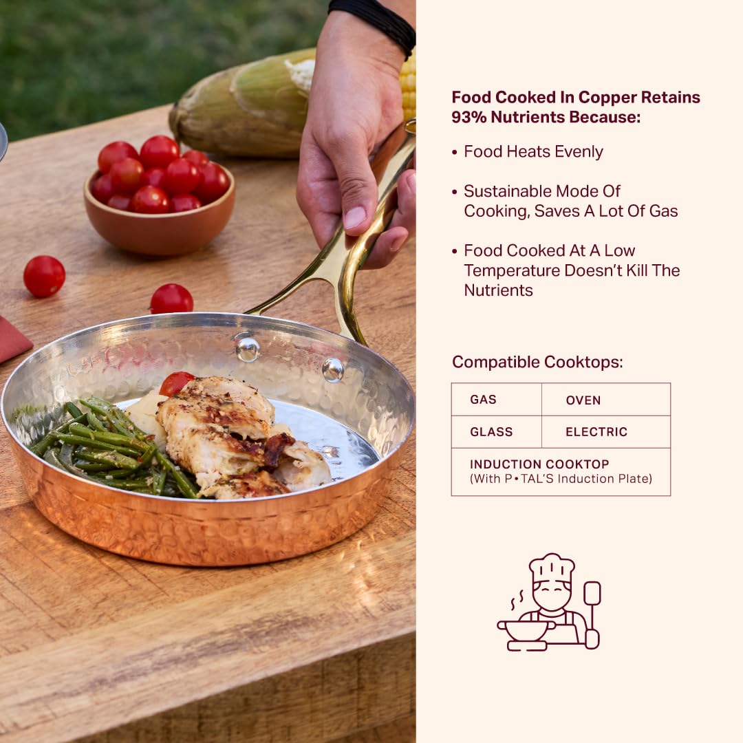 P-TAL Copper Frying Pan with Heat-Resistant Handle | 8.25 Inch Naturally Non-Stick Tin Coated Pan for Healthy Cooking | Traditional Design, Eco-Friendly & Durable Cookware