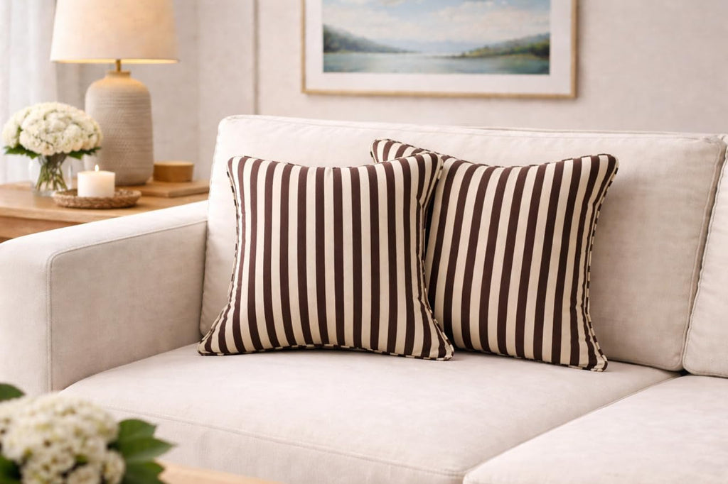 AWARD VELVETS - 100% Cotton - Dark Brown Stripes Cushion Covers Set of 2 (16 x 16 inches) - Cushion Covers for Sofa & Living Room Décor