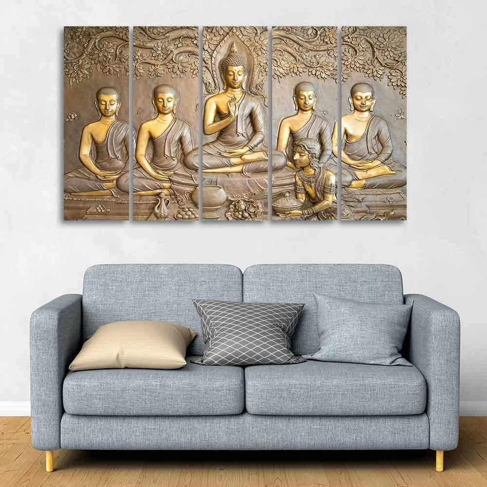 VIBECRAFTS Buddha In Temple 5 Pieces Canvas Wall Painting For Home | Office | Living Room | Gift (PTVC5Pcs4_8510)