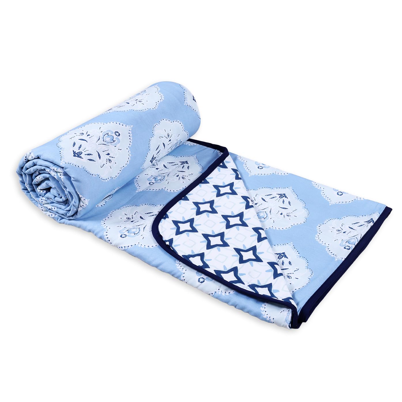 Cloth Fusion Reversible Dohar Double Bed, Soft Cotton Blend AC Blanket for Summer (84x87 inches, Abstract Blue) Kafalo