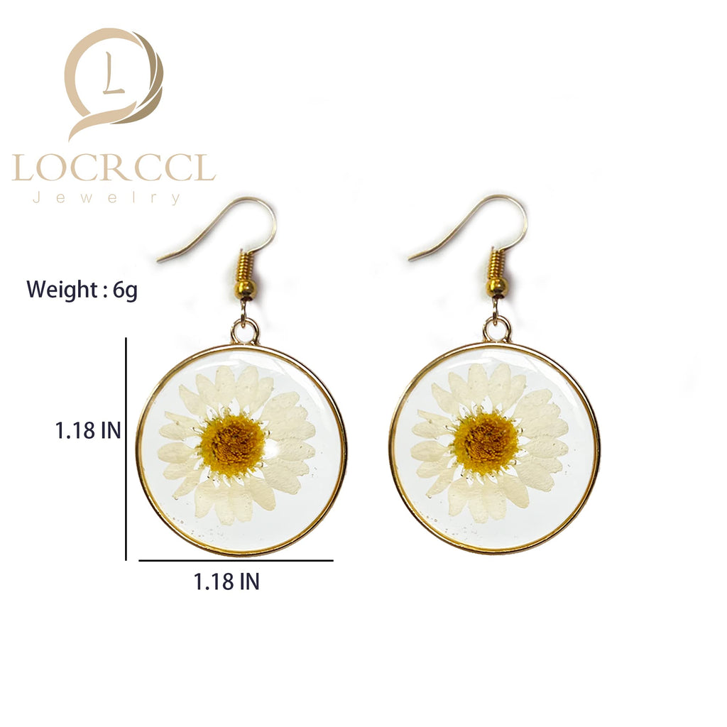 Locrccl Daisy Pressed Flower Earrings - Handmade Resin Real Dried Floral Teardrop Dangle Earring - White Spring Jewelry for Women, Polyester, No Gemstone