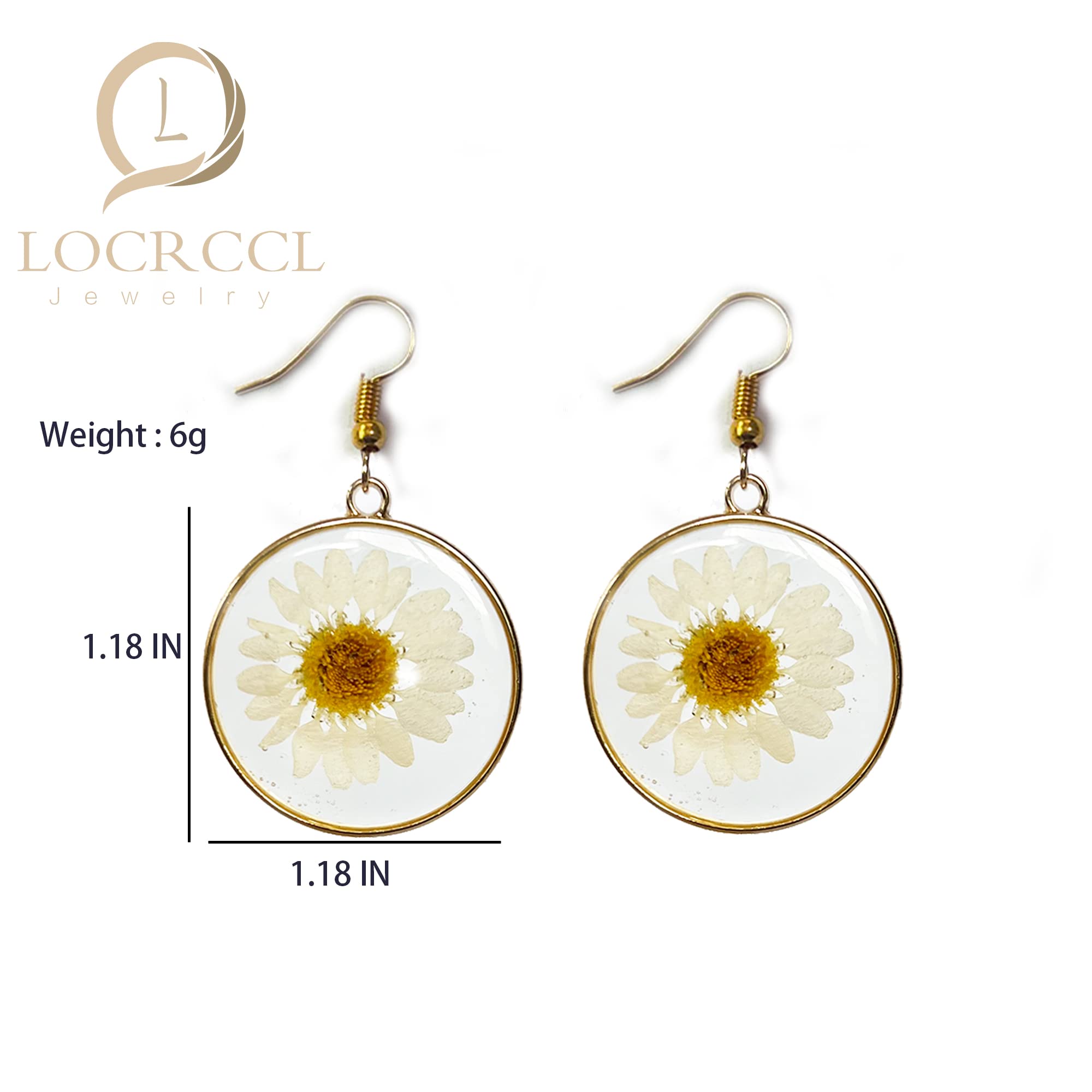 Locrccl Daisy Pressed Flower Earrings - Handmade Resin Real Dried Floral Teardrop Dangle Earring - White Spring Jewelry for Women, Polyester, No Gemstone