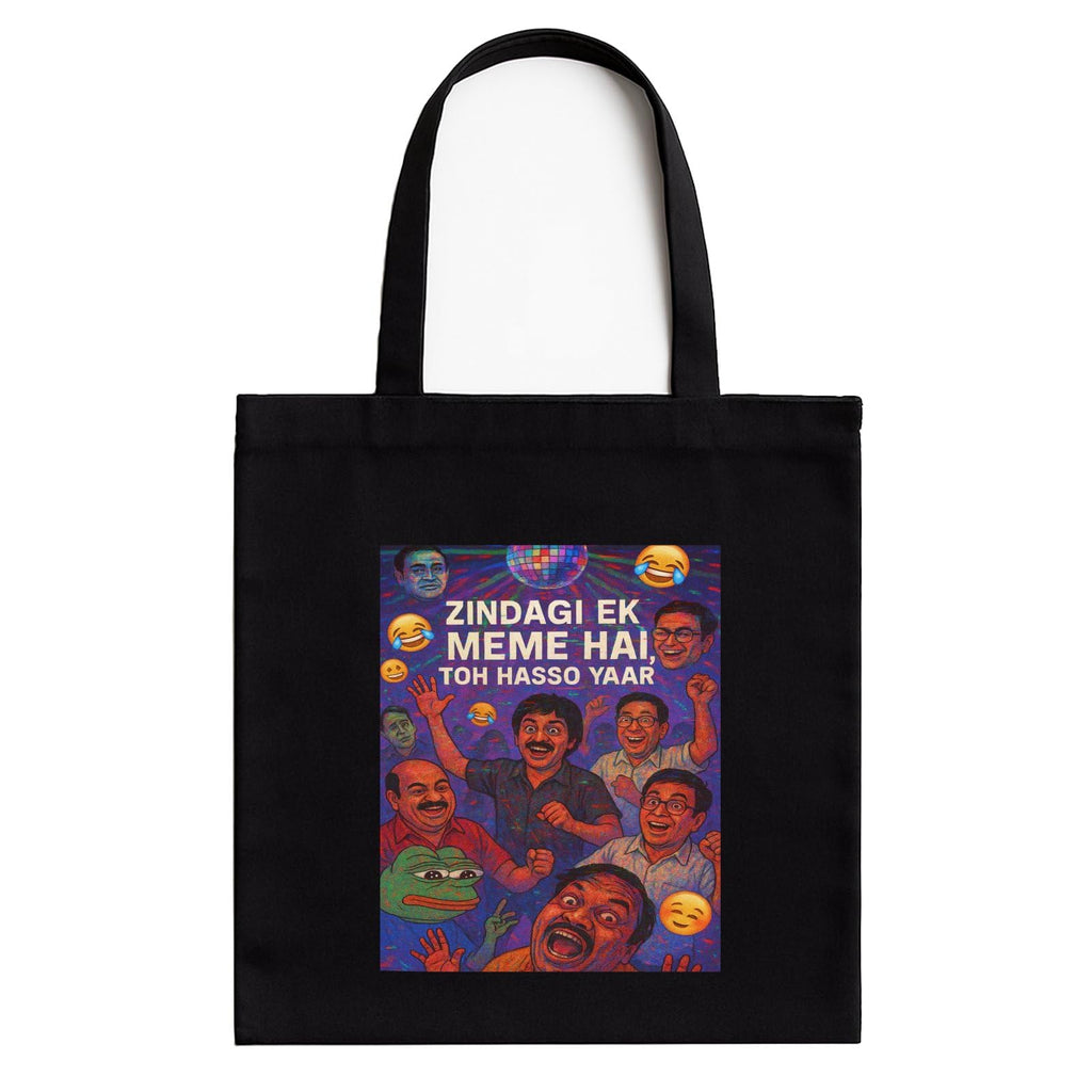 Kirmada Black Cotton Tote Bag | Zindagi Ek Meme Hai Toh Hasso Yaar Design | Funny Desi Meme Tote for College, Shopping & Daily Use | Zipper Closure | Reusable Eco Friendly Gift for Meme Lovers