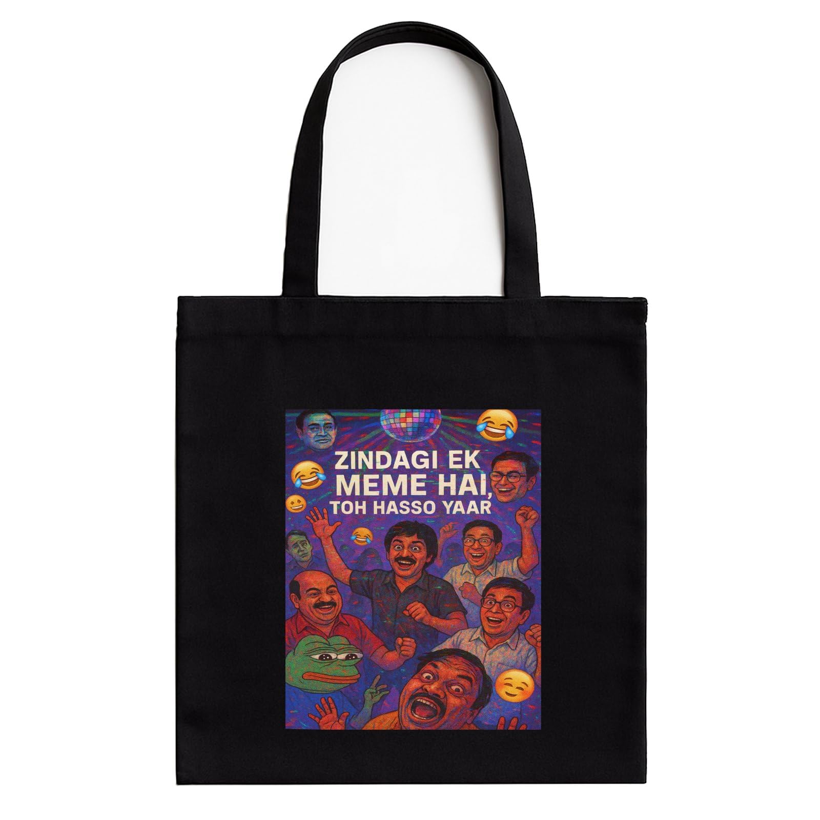 Kirmada Black Cotton Tote Bag | Zindagi Ek Meme Hai Toh Hasso Yaar Design | Funny Desi Meme Tote for College, Shopping & Daily Use | Zipper Closure | Reusable Eco Friendly Gift for Meme Lovers