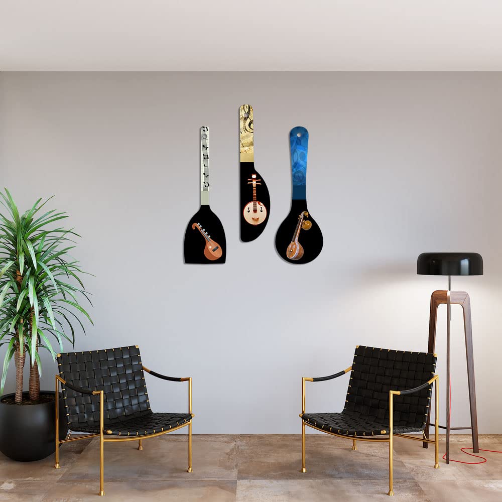 Artvibes Indian Classical Music Instrument Sitar Spoon Shape MDF Wooden Wall Hanging For Decoration | Decor Hanging Ornaments | Modern Decor Items | Artworks Hangings | Gifts (WH_5019NV), Set of 3