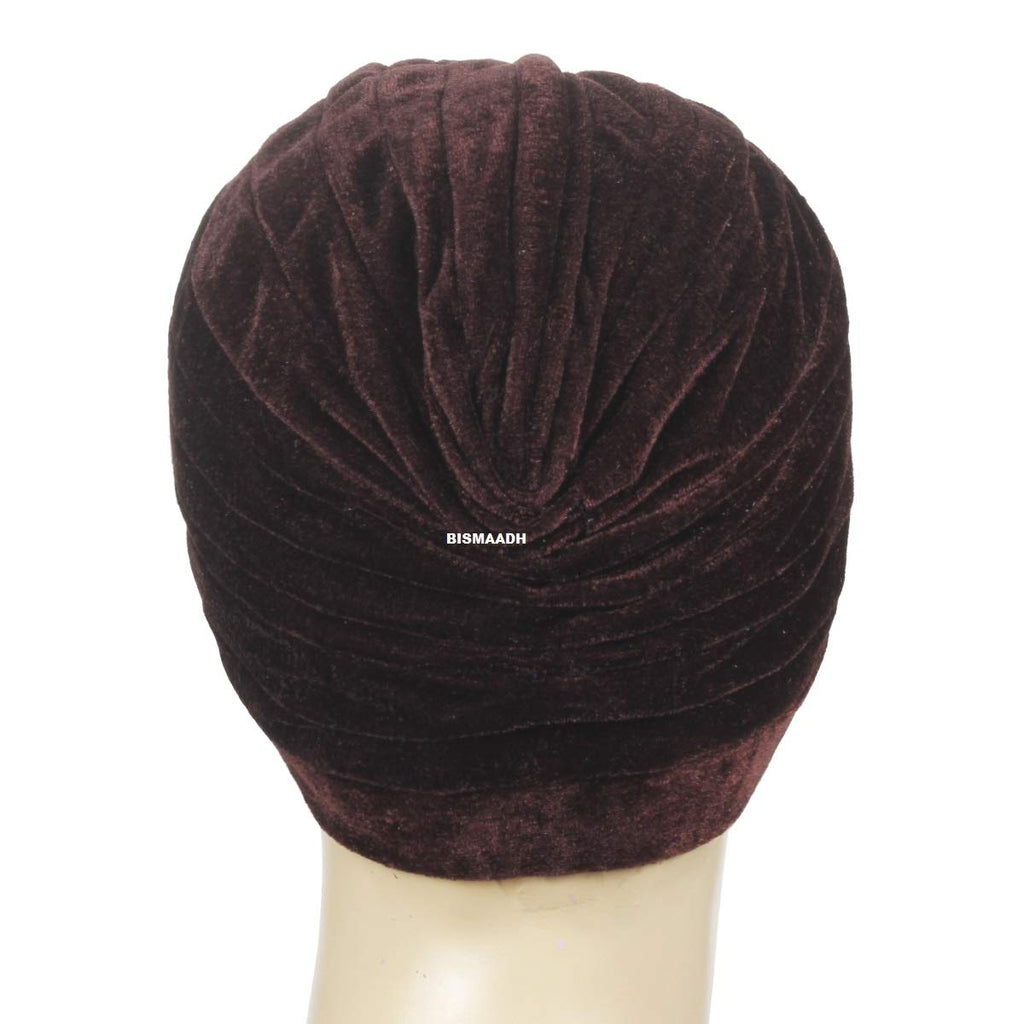 BISMAADH Velvet Soft Pleated Pre Tied Knot Readymade Turban/Pagri Head Wraps for Men & Women Brown