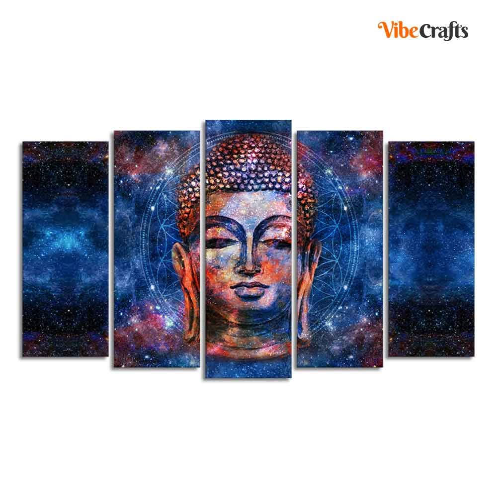 VIBECRAFTS Divine Buddha Head Colorful Wall Painting Set of Five Pieces For Home|Office|Living Room|Gift (PTVC5Pcs2_6534)