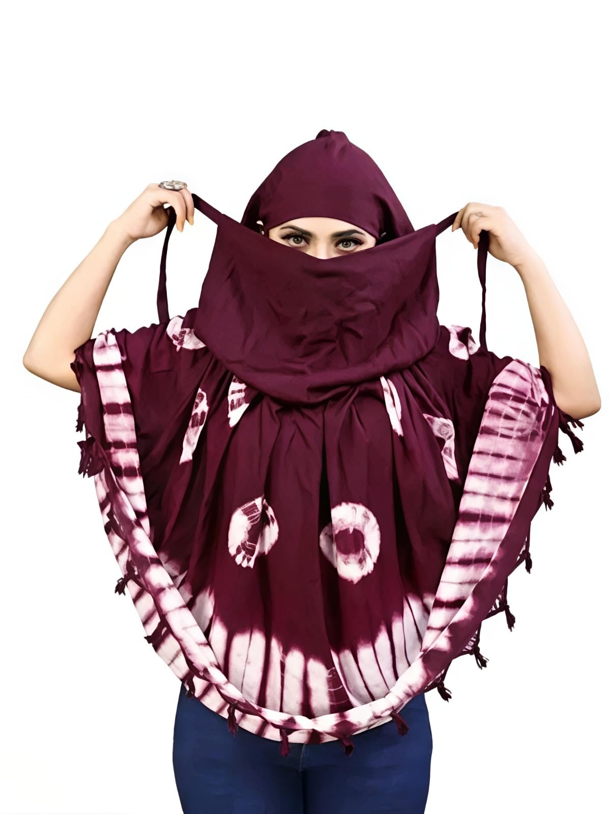 Krevaa Stylish Printed Pattern Fancy Scarf With Sun Protection Cover Face Cotton Mask for Women's and Girls.Tie-Dye Scarf for Women, Maroon and White, Hijab Style (PURPLE)