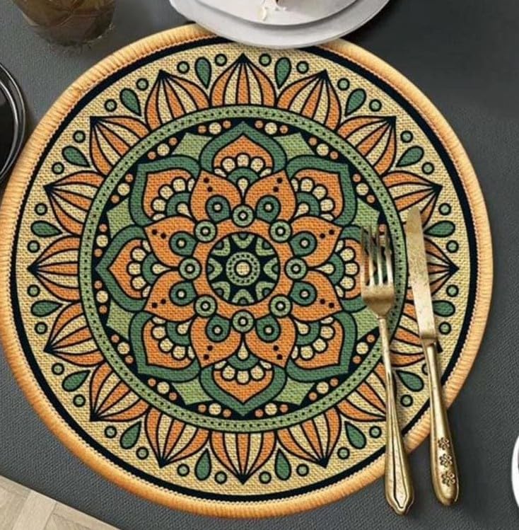 HomeCloud Round Printed Jute Placemat 20x20Cm | Heat-Resistant Table Mat with Anti-Skid Rubber Back | Decorative Dining, Centre & Coffee Table Mat (Orange_Beige, Pack of 2) Kafalo