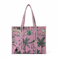 Handcrafted Quilted Cotton Tote Bag for Women, Printed Shoulder Bag with Jungle Animal Pattern, Lightweight Reusable Shopping & Daily Carry Tote, Large Size 18 x 18 x 5 Inches (Pink)