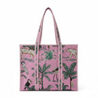 Handcrafted Quilted Cotton Tote Bag for Women, Printed Shoulder Bag with Jungle Animal Pattern, Lightweight Reusable Shopping & Daily Carry Tote, Large Size 18 x 18 x 5 Inches (Pink)