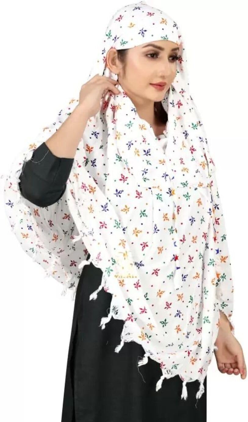 Vinsh Enterprise Cotton Long Scarf Cum Mask Scarves Usable for Vehicle Driver | White Printed Design | Universal Size | For Girl & Women | Soft & Breathable Sun Protection (FOOL PATI)