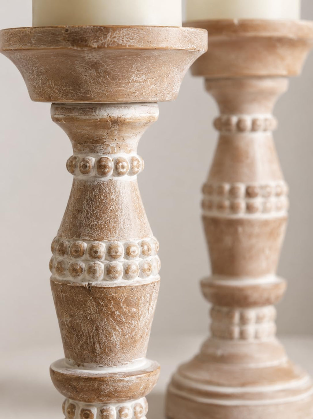 Wooden Pillar Candle Holder Natural Wood Finish with Carved Beans Filled with White Set of 2 Ideal for Weddings or Parties as Well as Home Decor