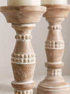 Wooden Pillar Candle Holder Natural Wood Finish with Carved Beans Filled with White Set of 2 Ideal for Weddings or Parties as Well as Home Decor