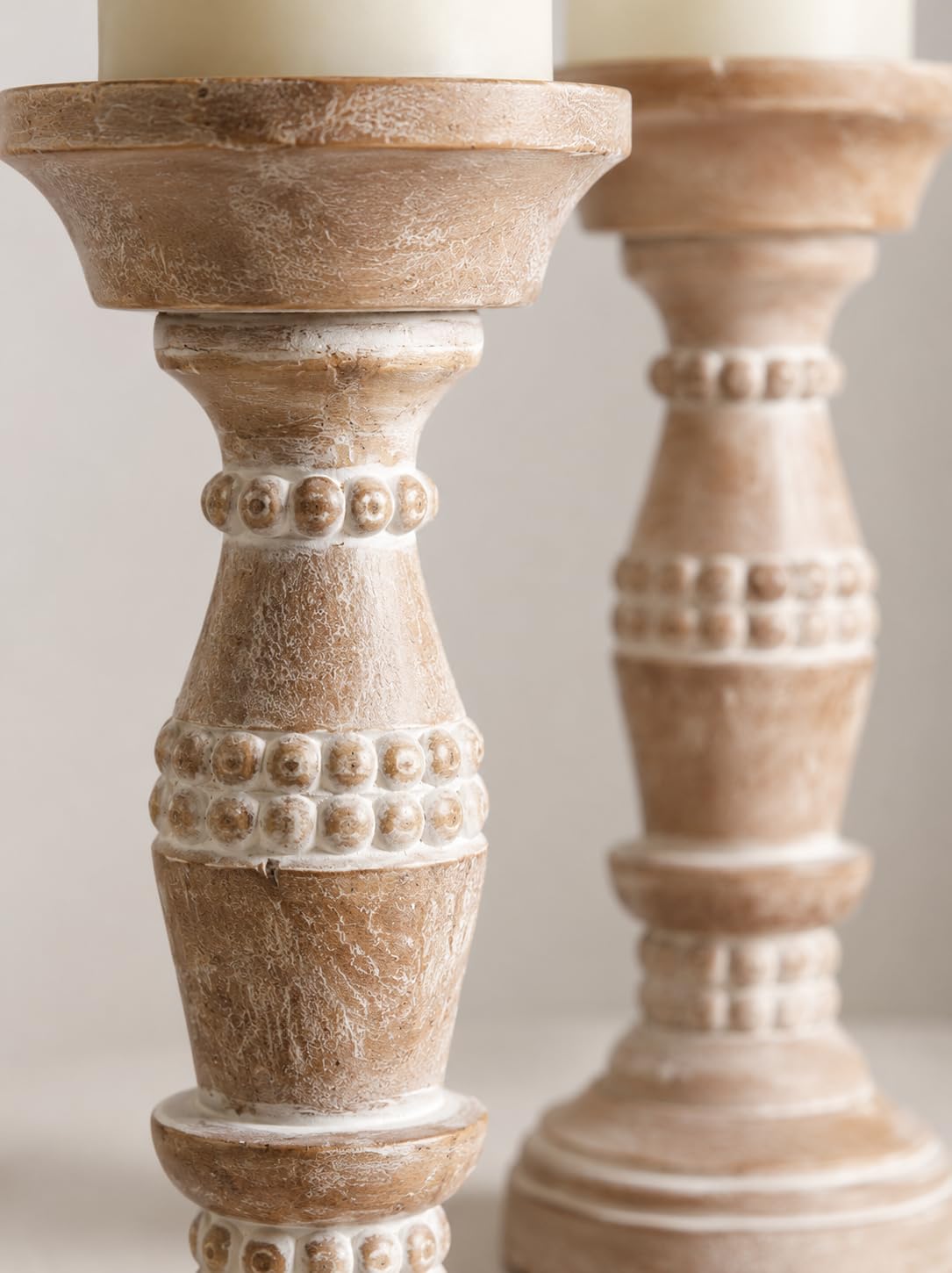 Wooden Pillar Candle Holder Natural Wood Finish with Carved Beans Filled with White Set of 2 Ideal for Weddings or Parties as Well as Home Decor