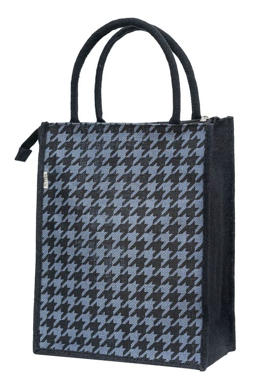 JUTEKA Teal Blue Houndstooth Printed Jute Lunch Bag - Grocery, Tote, Hand, Picnic Bag for Men, Women, Girls, Kids with Zip