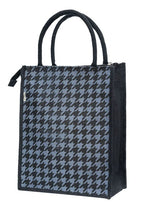 JUTEKA Teal Blue Houndstooth Printed Jute Lunch Bag - Grocery, Tote, Hand, Picnic Bag for Men, Women, Girls, Kids with Zip