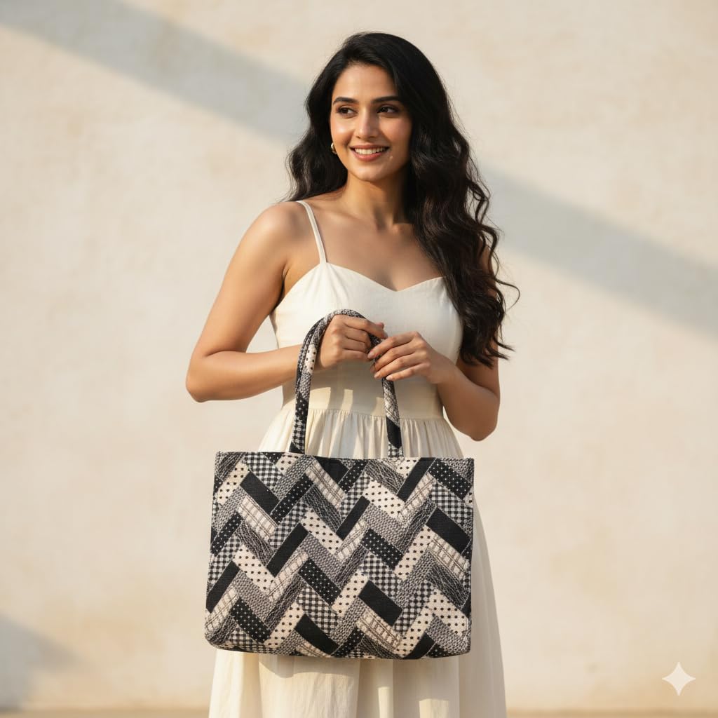 Dcozi Women's Tote Bags Stylish Handbags for Office, College & Party Use | Trendy Shoulder Bag for Work, Casual & Evening | Durable & Fashionable Tote for Women Medium Size -TB15 (Zigzag Black)