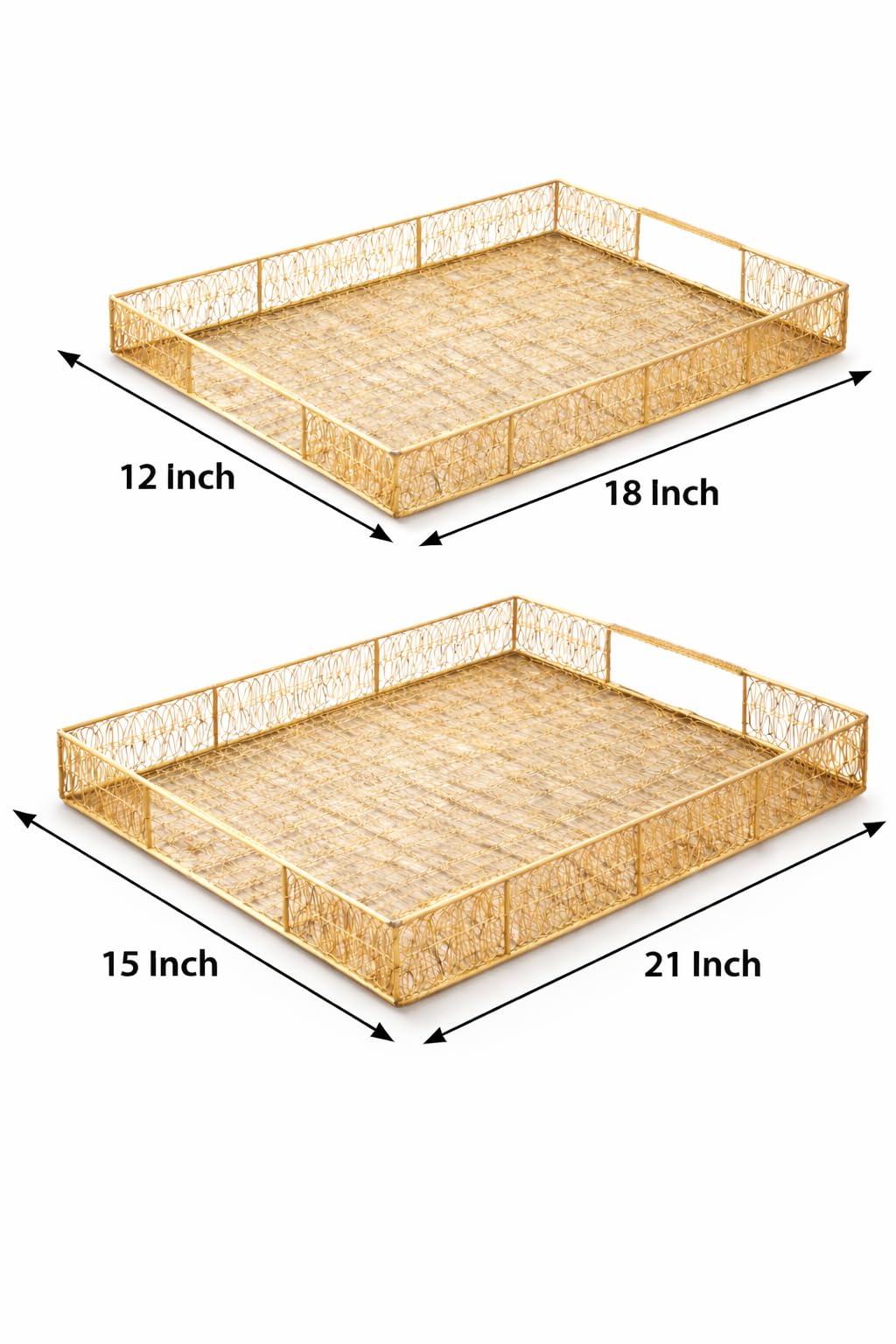 Gold Metal Wire mesh Tray Set of 2 Decorative Serving Trays | Wedding Gift Tray | Hamper Basket | Return Gift Platter | Festive, Pooja & Home Décor Use