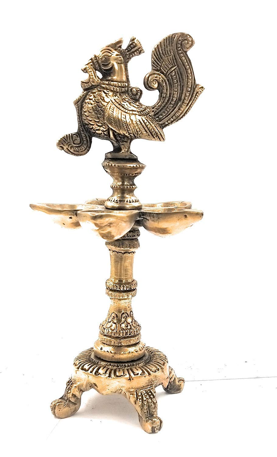 Artvarko Brass Peacock Traditional Design 5 Wick Oil Lamp Diya for Home Office Temple Decor Gift 9.5 Inch