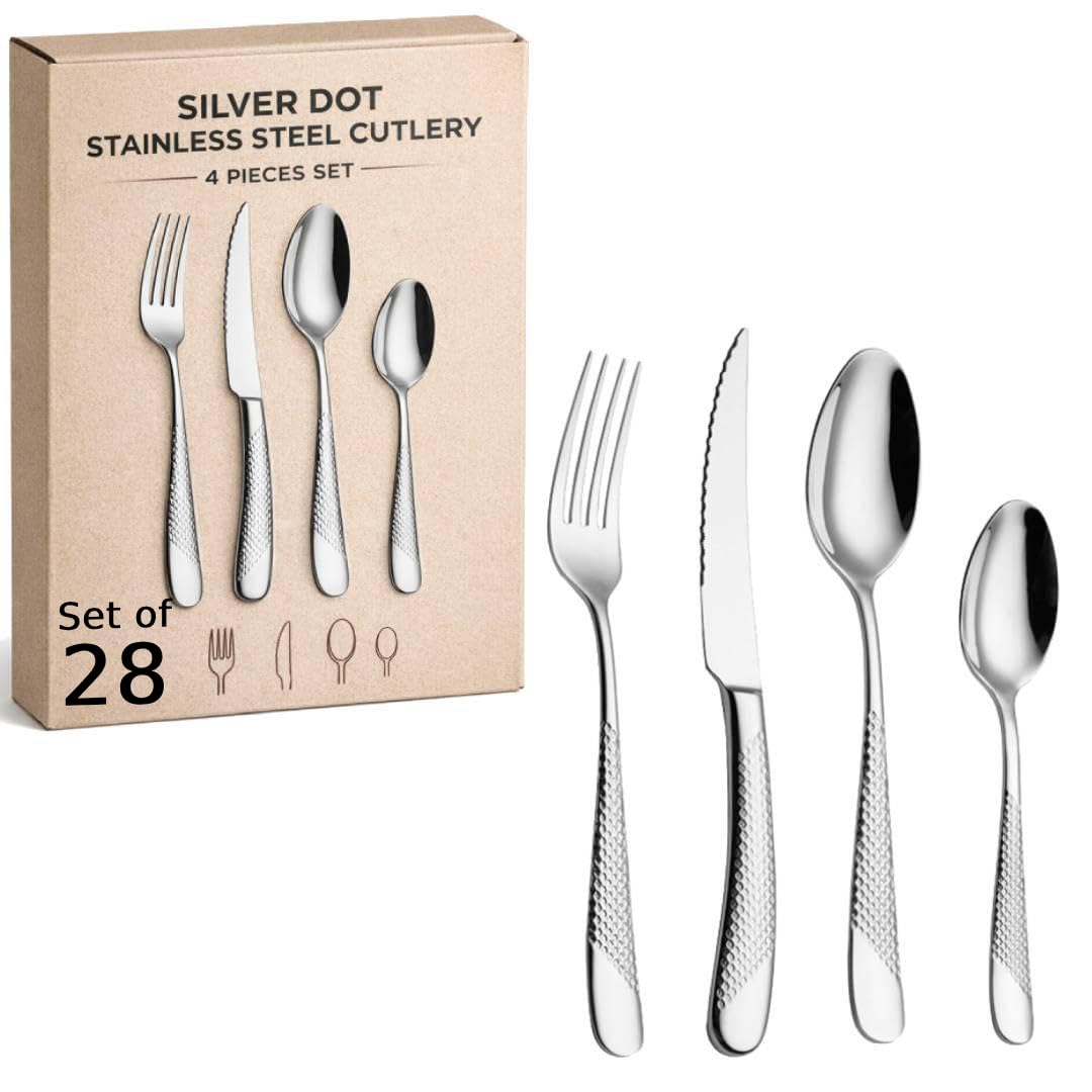 ANH MART Mirror Finish Silver Plated Stainless Steel Flatware Set Copper Silverware Set Rose Gold Spoon Color Cutlery Set [Dinner Fork-Tea Spoon-Salad Spoon-Knife] Set of (Silver DOT, 28)