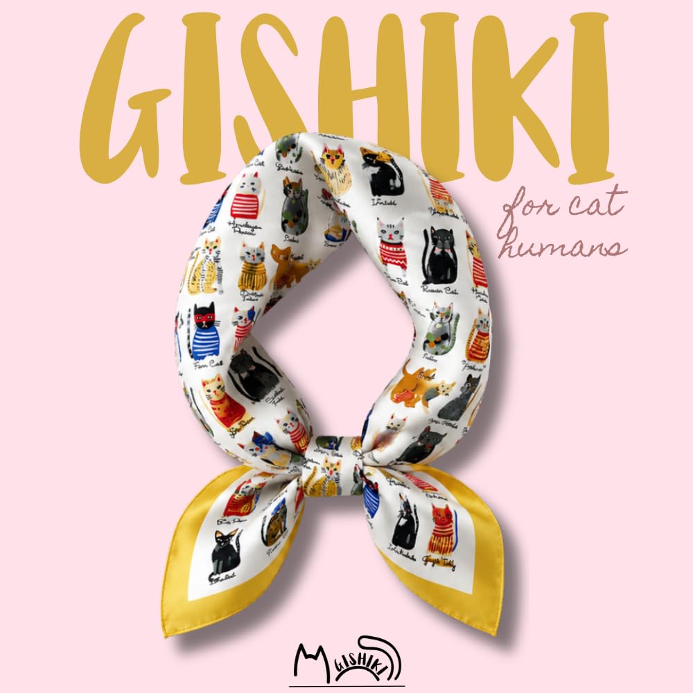 GISHIKI Cat Print Scarf | Hand-drawn Cat Illustrations | Lightweight Satin touch | One Size