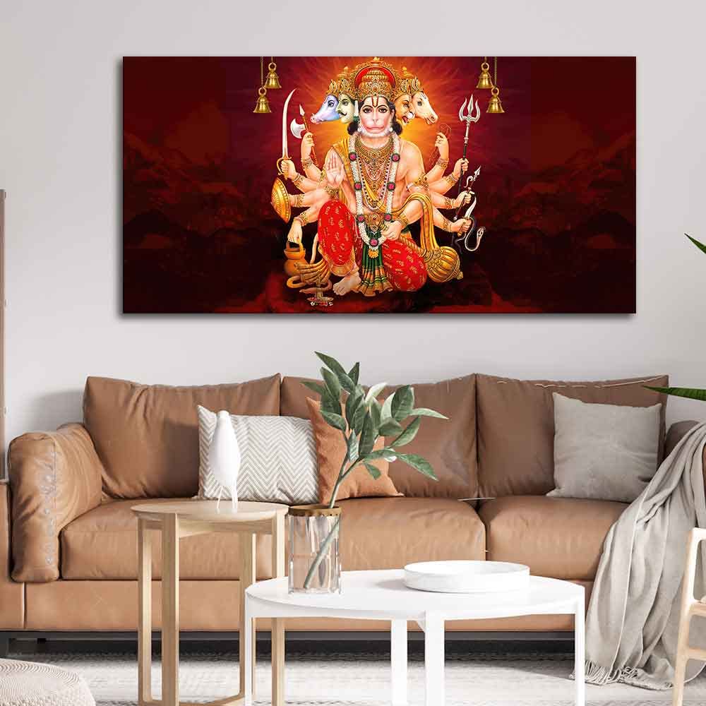 VIBECRAFTS Canvas Paintings for Living Room Drawing Room Panchmukhi Bajrangbali Canvas Wall Painting Fitted With Wooden Frame For Home | Office | Living Room | Gifts (PTVCH_2552)