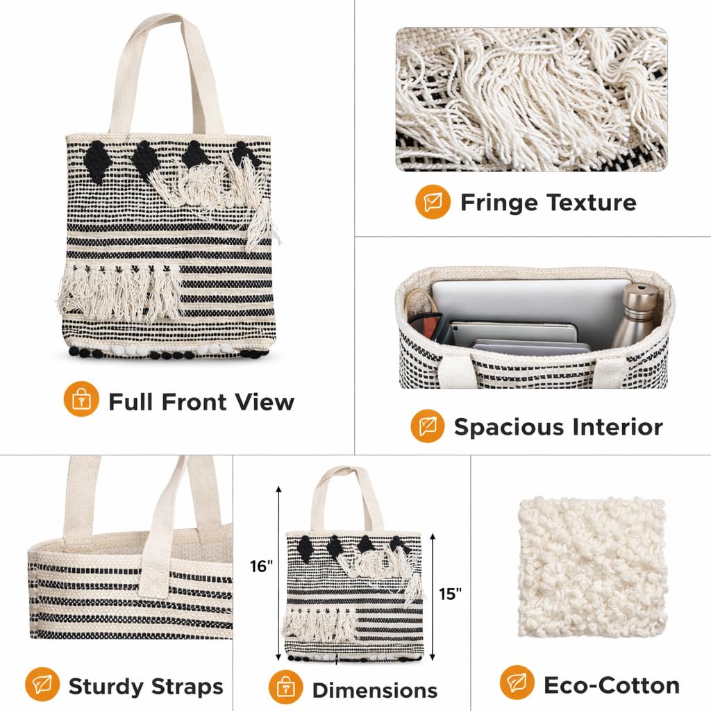 PUMITOWN Tote Bag for Women, Boho Woven Canvas Shoulder Bag with Tassel & Fringe Detail, Greenish-Blue Striped Handbag, Eco-Friendly, Large Capacity, 16x15 Inches (Beige)