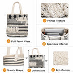 PUMITOWN Tote Bag for Women, Boho Woven Canvas Shoulder Bag with Tassel & Fringe Detail, Greenish-Blue Striped Handbag, Eco-Friendly, Large Capacity, 16x15 Inches (Beige)