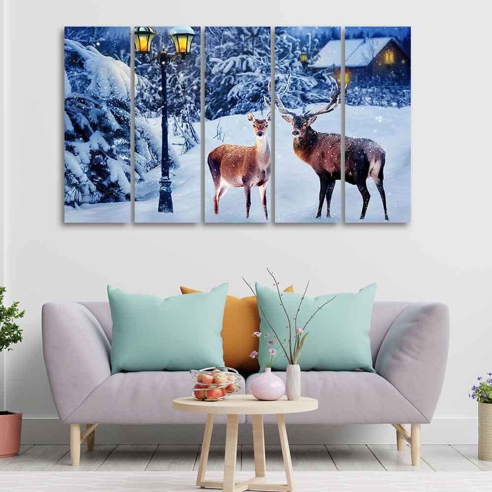 VIBECRAFTS Deer In Snowy Forest 5 Pieces Canvas Wall Painting For Home | Office | Living Room | Gift (PTVC5Pcs4_8542)
