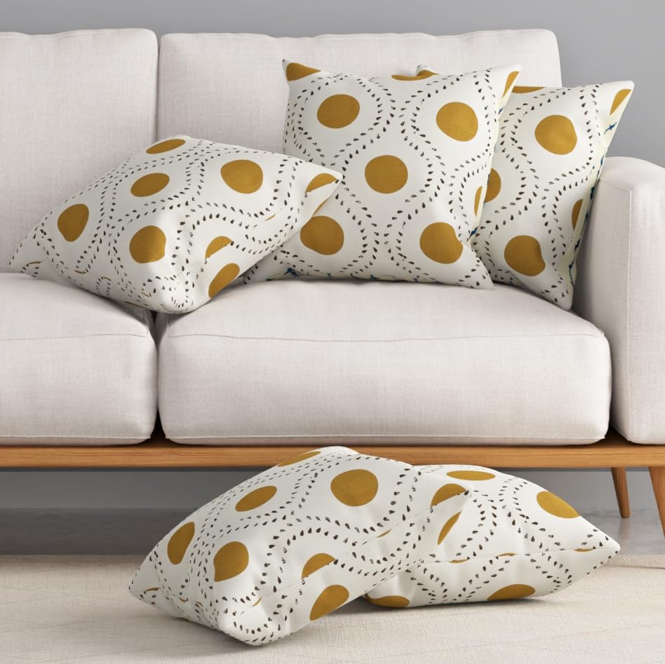 HUESLAND Premium Cotton Cushion Cover 12 inch x 12 inch | Decorative Square Throw Pillow Covers Set for Sofa, Living Room & Bedroom | Set of 5 | Natural, Golden Ochre & Bistre