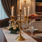 Extreme Karigari Premium 12 Inch Golden Aluminum 5-Arm Candle Stand with Crystal Hangings | Luxury Centerpiece for Home Décor, Weddings, Festive Decoration & Dining Table