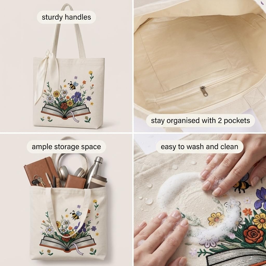 MASQ Premium ToteBag for Women with Zipper | Embroidered Foldable Shoulder Bag with Multiple Pockets | Spacious Handbag for College & Office | Eco-Friendly & Reusable (Tote_Bag_Floral_Book)