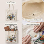 MASQ Premium ToteBag for Women with Zipper | Embroidered Foldable Shoulder Bag with Multiple Pockets | Spacious Handbag for College & Office | Eco-Friendly & Reusable (Tote_Bag_Floral_Book)