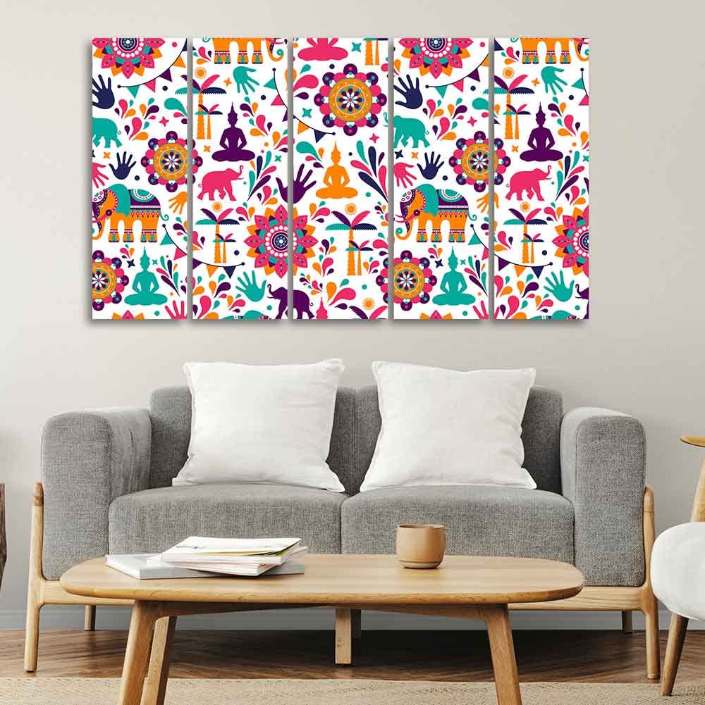 VIBECRAFTS Beautiful Madhubani Art Canvas Wall Painting Set of Five For Home|Office|Living Room|Gift (PTVC5Pcs4_8574N)