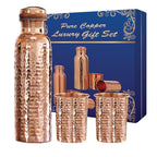 Copperika Gift Set Pure Hammered Copper Water Bottle 1000ml + Copper Glass (Pack of 2-300ml Each) Original Heavy Build |BPA Free With Ayurvedic & Other Health Benefits For Home, Office, & Travel