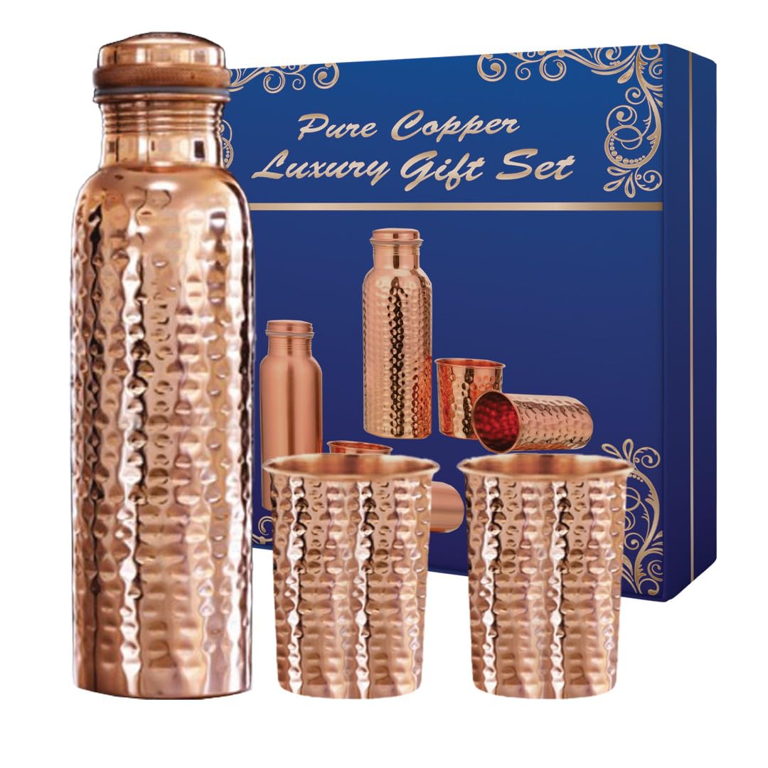 Copperika Gift Set Pure Hammered Copper Water Bottle 1000ml + Copper Glass (Pack of 2-300ml Each) Original Heavy Build |BPA Free With Ayurvedic & Other Health Benefits For Home, Office, & Travel
