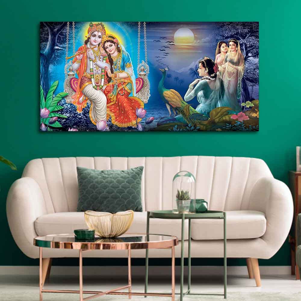 VIBECRAFTS Canvas Paintings for Living Room Drawing Room Radha Krishna Canvas Wall Painting Fitted With Wooden Frame For Home | Office | Living Room | Gifts (PTVCH_2548)(48 x 24 Inches)