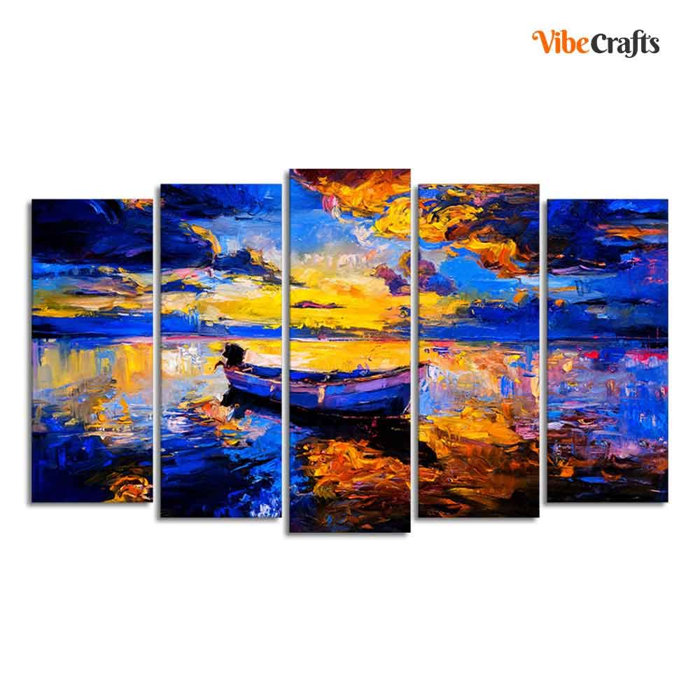 VIBECRAFTS Boat at Colorful Sunset Canvas Wall Painting of Five Pieces For Home|Office|Living Room|Gift (PTVC5Pcs2_6525)