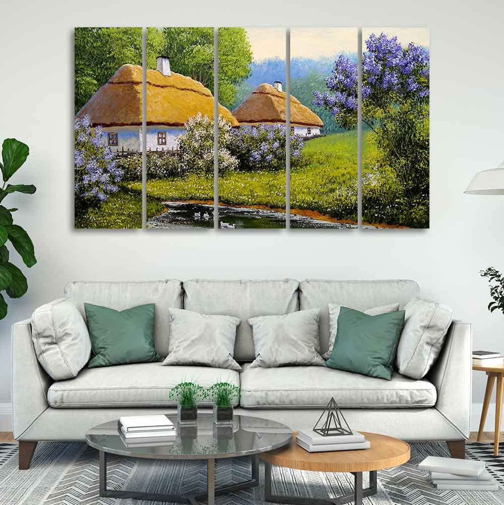 VIBECRAFTS Huts in Old Village Canvas Wall Painting of Five Pieces For Home|Office|Living Room|Gift (PTVC5Pcs4_8671)