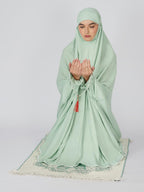 ANA Raha Green Solid Prayer Dress – Premium Modal Namaz Makhna with Tie Knot | 50″ Front × 58″ Back | Attached Sleeves | Lightweight, Breathable, Ready to Wear for Hajj, Umrah & Salah