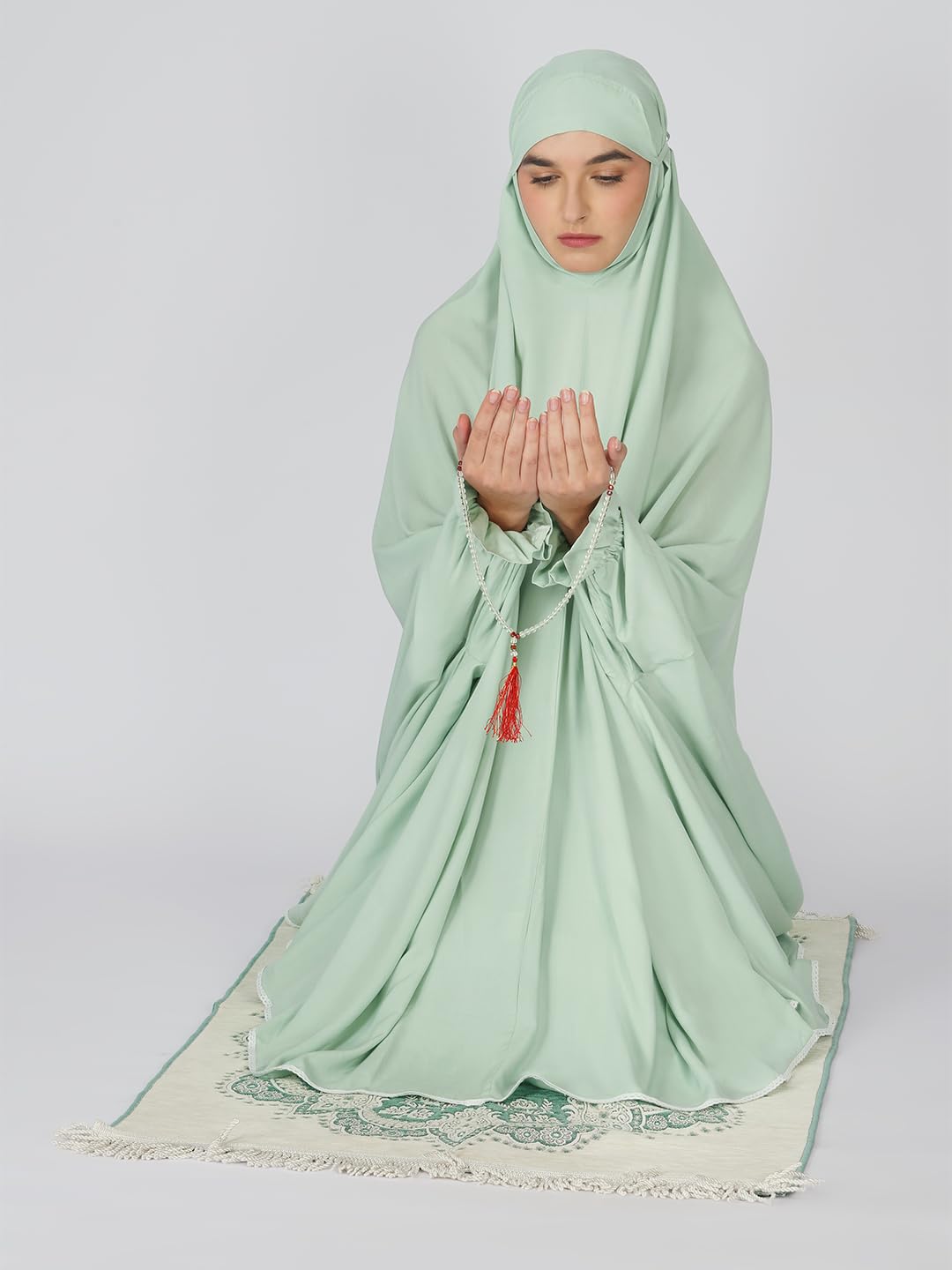 ANA Raha Green Solid Prayer Dress – Premium Modal Namaz Makhna with Tie Knot | 50″ Front × 58″ Back | Attached Sleeves | Lightweight, Breathable, Ready to Wear for Hajj, Umrah & Salah