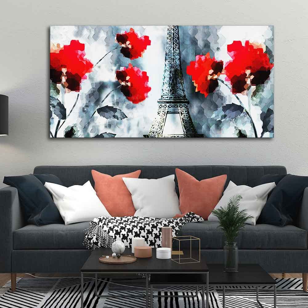 VIBECRAFTS Canvas Paintings for Living Room Drawing Room Eiffel Tower And Flowers Canvas Wall Painting Fitted With Wooden Frame For Home | Office | Living Room | Gifts (PTVCH_2561)