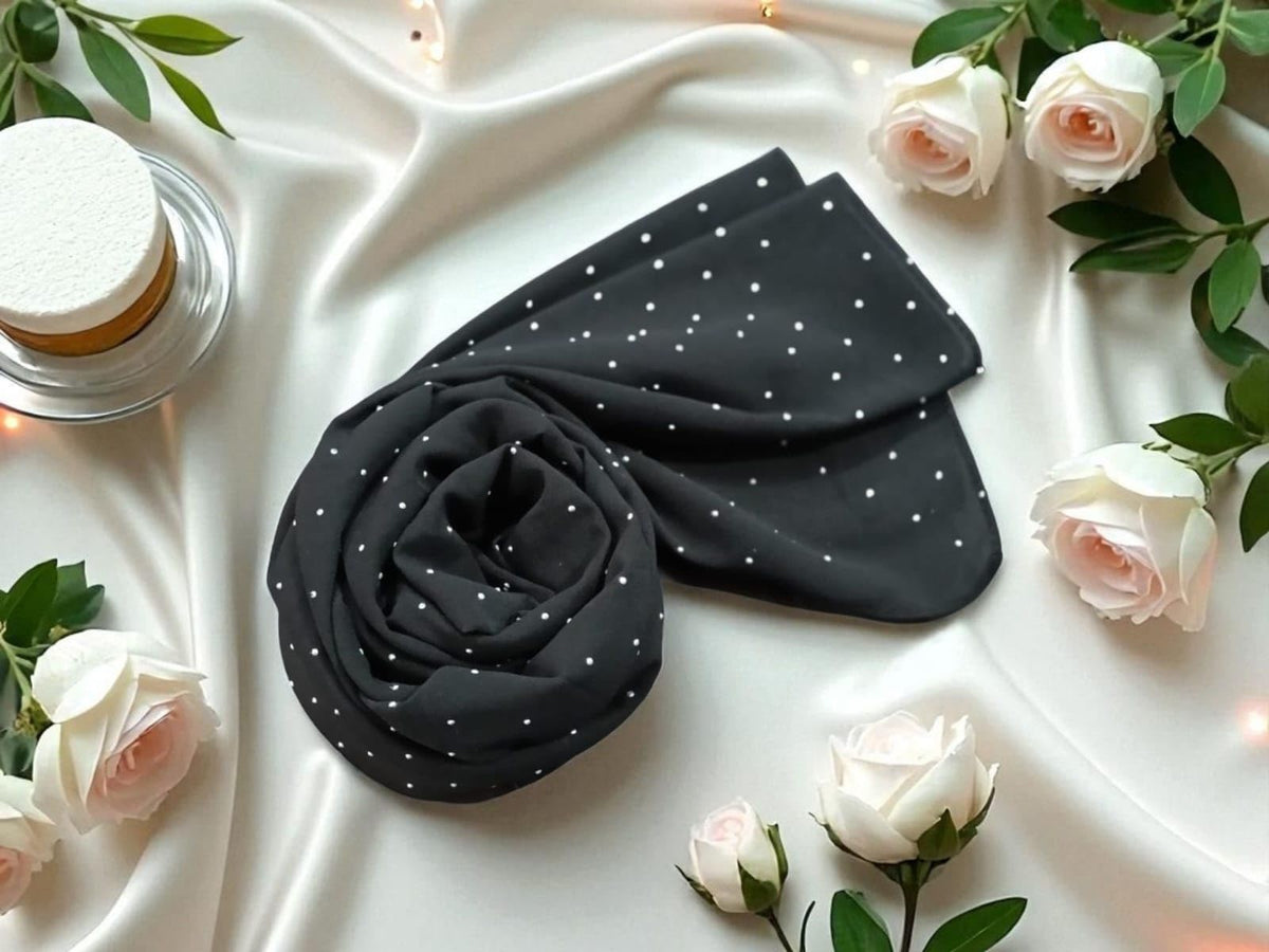 Premium Rhinestone Hijab | Korean Georgette | 70 x 30 Inch | Sparkle Scarf for Women | Soft & Lightweight Fabric (BLACK)