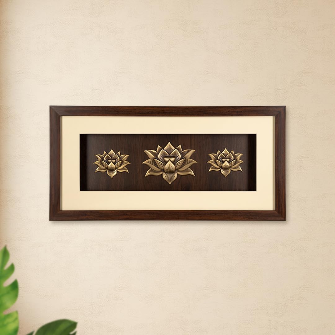 Shilpkala Brass Lotus Wall Art Frame 59 x 29 cm - Premium Brown Background Rectangular Wall Decor for Living Room, Temple, Office, Home Decoration, Housewarming & Gift Decor, (2+1 Design)