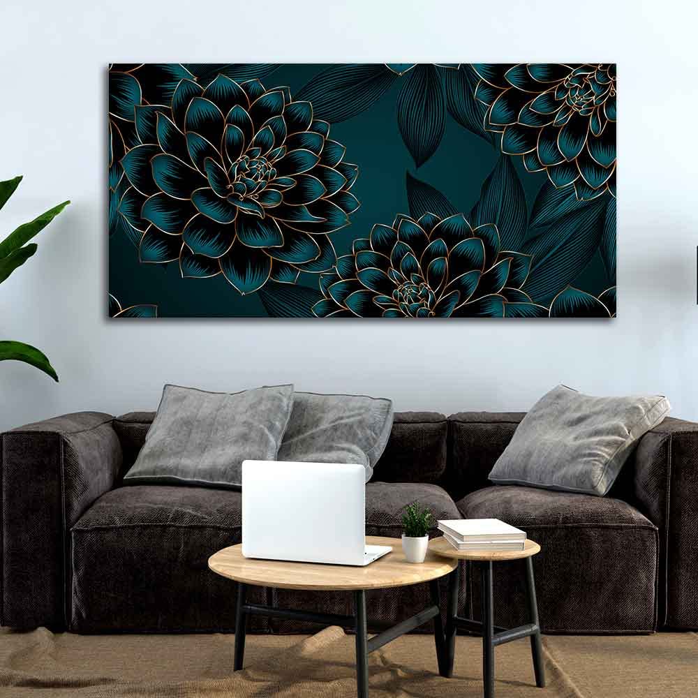 VIBECRAFTS Canvas Paintings for Living Room Drawing Room Golden Flowers Dahlia And Leaves Canvas Wall Painting Fitted With Wooden Frame For Home | Office | Living Room | Gifts (PTVCH_2536)