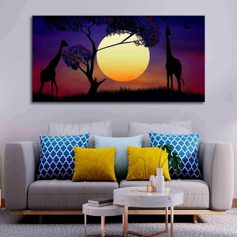 VIBECRAFTS Canvas Paintings for Living Room Drawing Room Pair Of Giraffe At Night Canvas Wall Painting Fitted With Wooden Frame For Home | Office | Living Room | Gifts (PTVCH_2522)