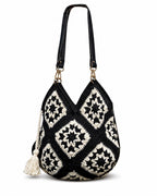 ZORA CRAFT Black & White Crochet Tote Bag for Women – Vintage Granny Square Handbag, Diamond Pattern, Stylish Office & Festival Bag, Fits 14 Laptop/MacBook